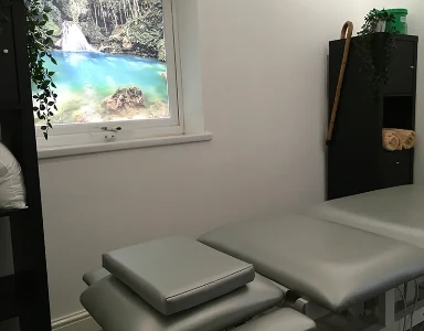 calming, peaceful treatment room with exotic picture in window